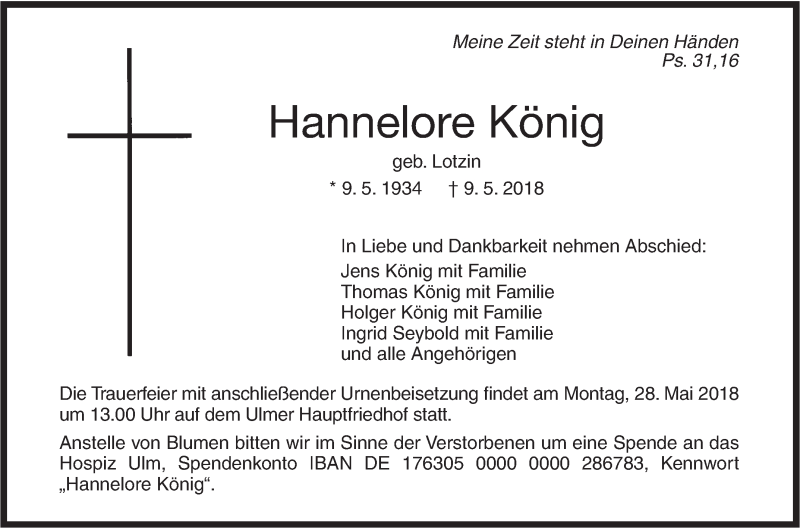 Traueranzeige für Hannelore König vom 19.05.2018 aus SÜDWEST PRESSE Ausgabe Ulm/Neu-Ulm