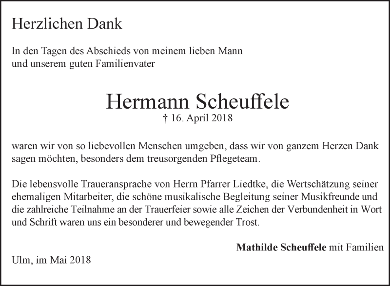  Traueranzeige für Hermann Scheuffele vom 09.05.2018 aus SÜDWEST PRESSE Ausgabe Ulm/Neu-Ulm
