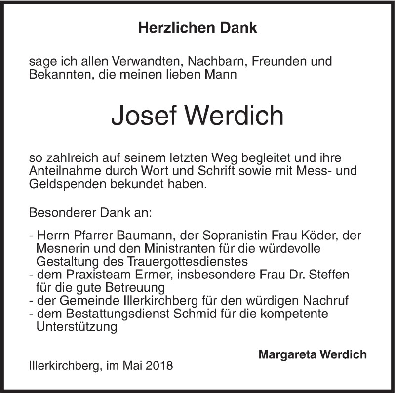  Traueranzeige für Josef Werdich vom 12.05.2018 aus SÜDWEST PRESSE Ausgabe Ulm/Neu-Ulm