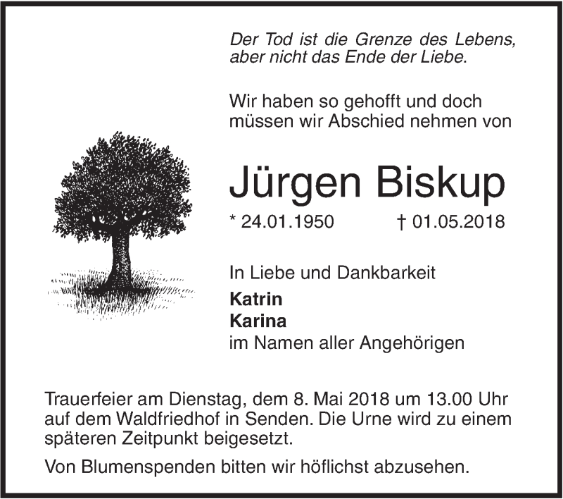  Traueranzeige für Jürgen Biskup vom 05.05.2018 aus SÜDWEST PRESSE Ausgabe Ulm/Neu-Ulm