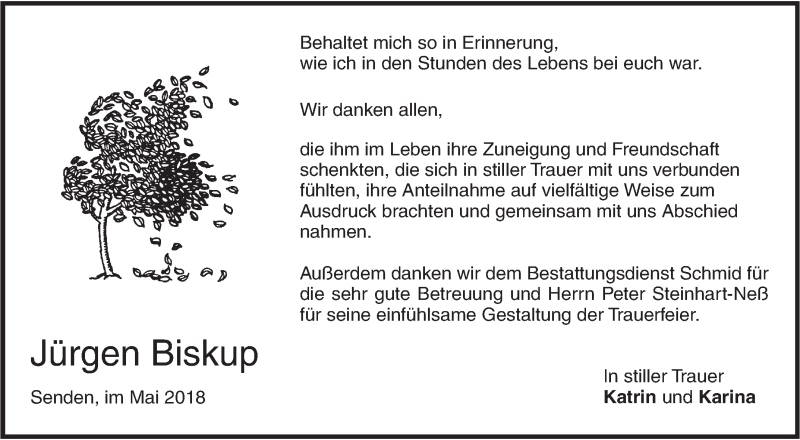  Traueranzeige für Jürgen Biskup vom 22.05.2018 aus SÜDWEST PRESSE Ausgabe Ulm/Neu-Ulm