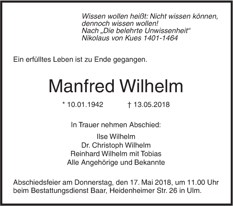  Traueranzeige für Manfred Wilhelm vom 16.05.2018 aus SÜDWEST PRESSE Ausgabe Ulm/Neu-Ulm