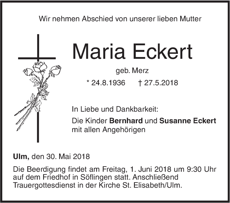  Traueranzeige für Maria Eckert vom 30.05.2018 aus SÜDWEST PRESSE Ausgabe Ulm/Neu-Ulm