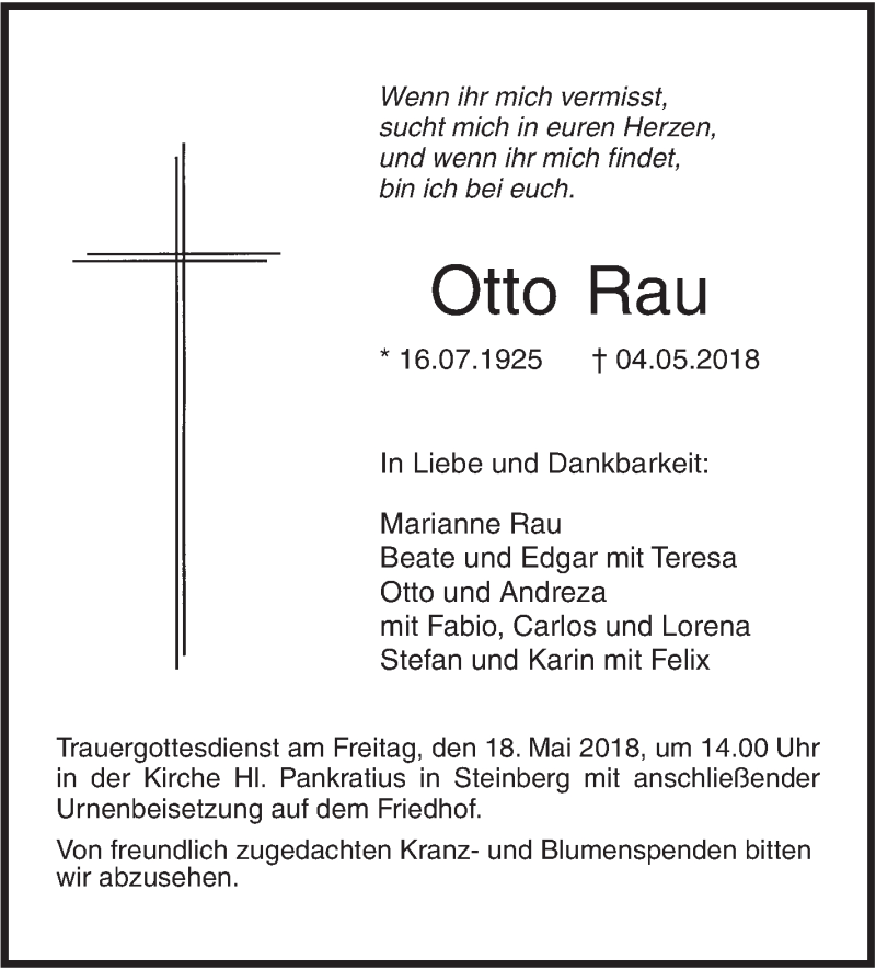  Traueranzeige für Otto Rau vom 12.05.2018 aus SÜDWEST PRESSE Ausgabe Ulm/Neu-Ulm