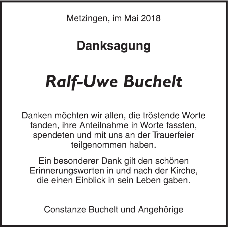  Traueranzeige für Ralf-Uwe Buchelt vom 19.05.2018 aus Metzinger-Uracher Volksblatt