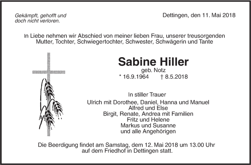  Traueranzeige für Sabine Hiller vom 11.05.2018 aus Metzinger-Uracher Volksblatt