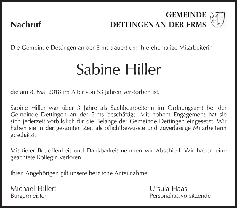  Traueranzeige für Sabine Hiller vom 12.05.2018 aus Metzinger-Uracher Volksblatt