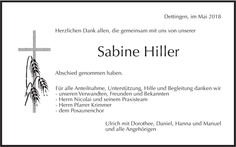  Traueranzeige für Sabine Hiller vom 26.05.2018 aus Metzinger-Uracher Volksblatt