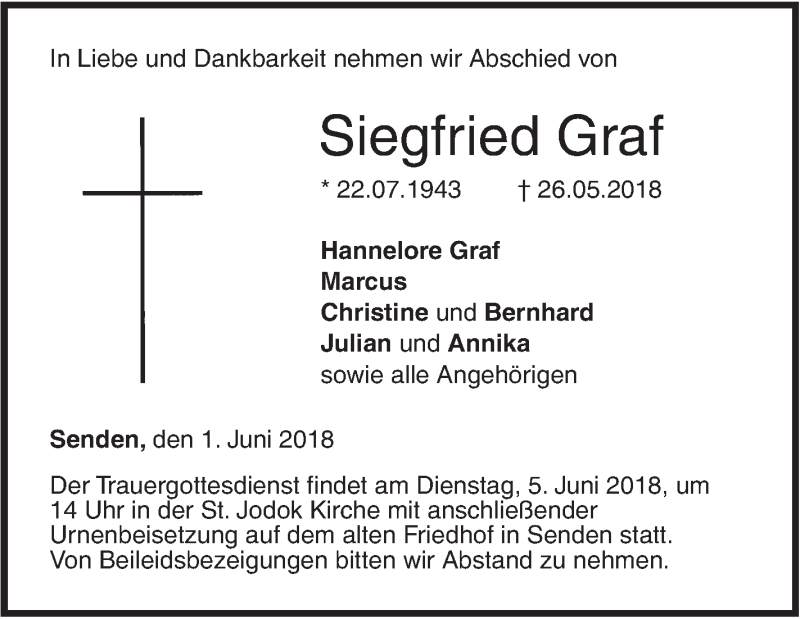  Traueranzeige für Siegfried Graf vom 01.06.2018 aus SÜDWEST PRESSE Ausgabe Ulm/Neu-Ulm
