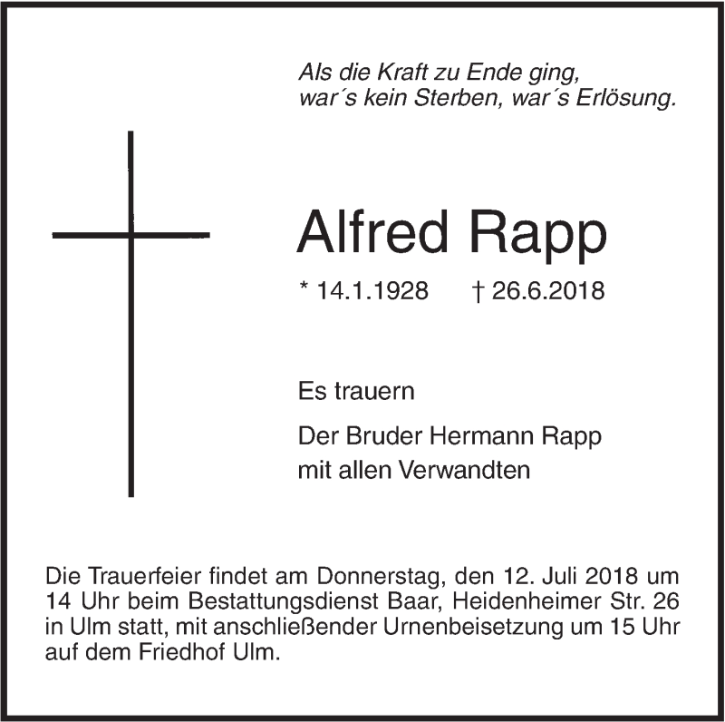  Traueranzeige für Alfred Rapp vom 07.07.2018 aus SÜDWEST PRESSE Ausgabe Ulm/Neu-Ulm