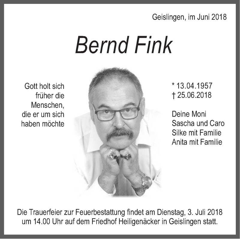  Traueranzeige für Bernd Fink vom 28.06.2018 aus Geislinger Zeitung