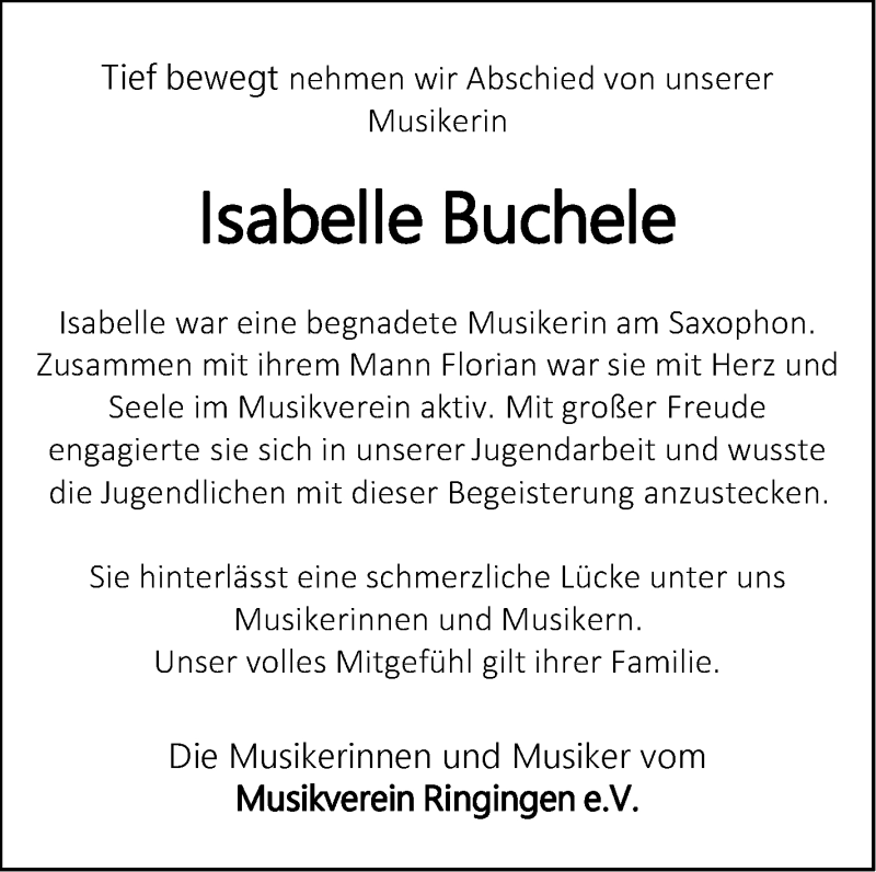  Traueranzeige für Isabelle Buchele vom 28.06.2018 aus SÜDWEST PRESSE Ausgabe Ulm/Neu-Ulm