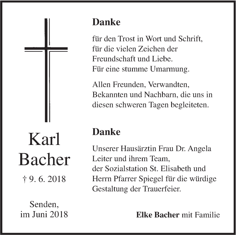  Traueranzeige für Karl Bacher vom 28.06.2018 aus SÜDWEST PRESSE Ausgabe Ulm/Neu-Ulm