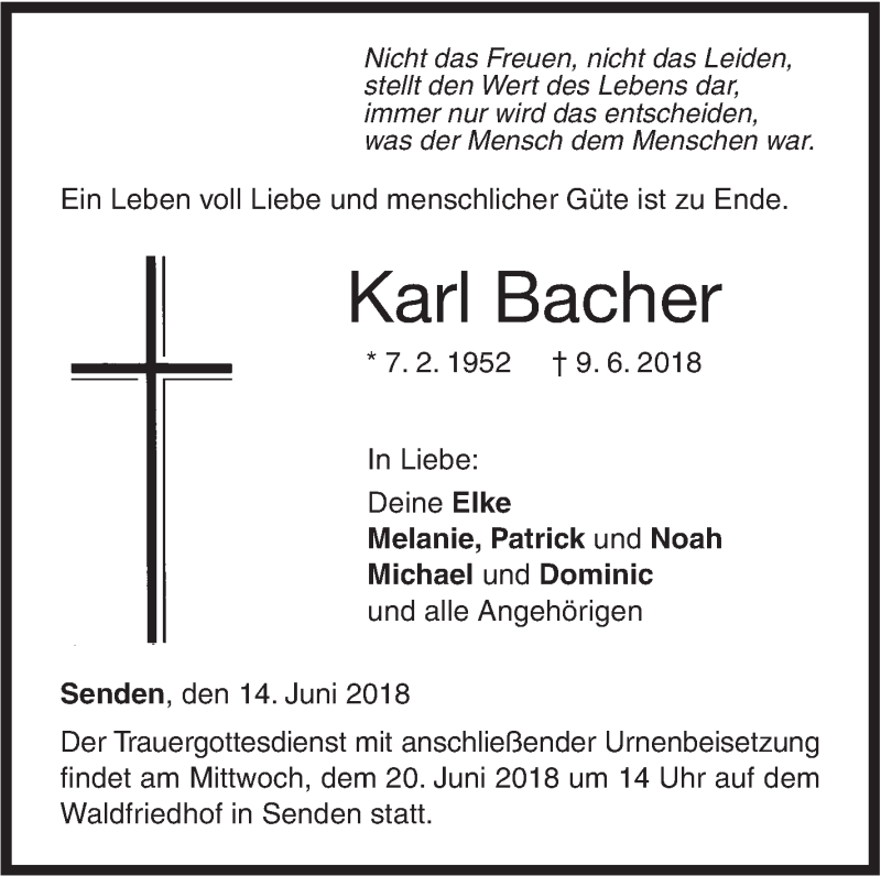  Traueranzeige für Karl Bacher vom 14.06.2018 aus SÜDWEST PRESSE Ausgabe Ulm/Neu-Ulm
