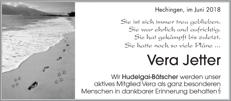  Traueranzeige für Vera Jetter vom 20.06.2018 aus Hohenzollerische Zeitung