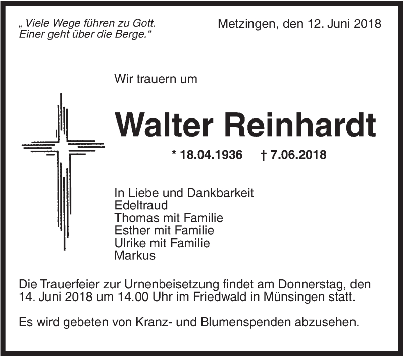  Traueranzeige für Walter Reinhardt vom 12.06.2018 aus Metzinger-Uracher Volksblatt