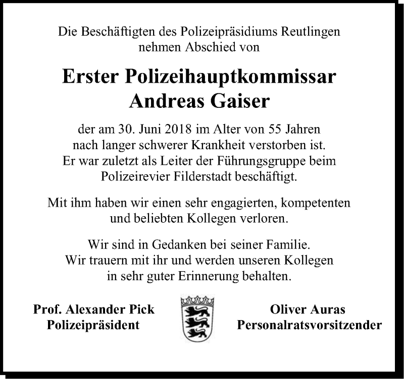  Traueranzeige für Andreas Gaiser vom 04.07.2018 aus Metzinger-Uracher Volksblatt