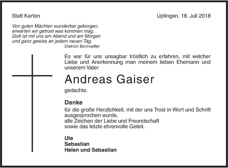  Traueranzeige für Andreas Gaiser vom 18.07.2018 aus Metzinger-Uracher Volksblatt