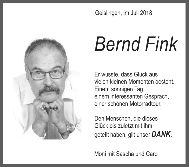  Traueranzeige für Bernd Fink vom 14.07.2018 aus Geislinger Zeitung