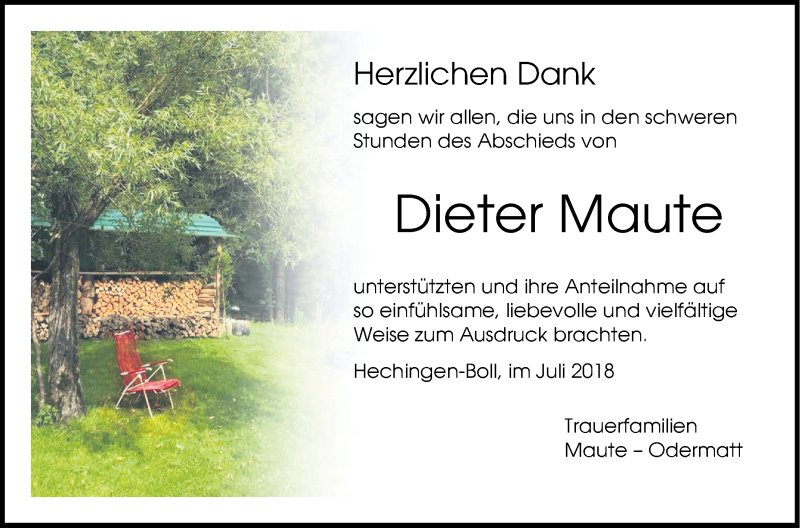  Traueranzeige für Dieter Maute vom 21.07.2018 aus Hohenzollerische Zeitung