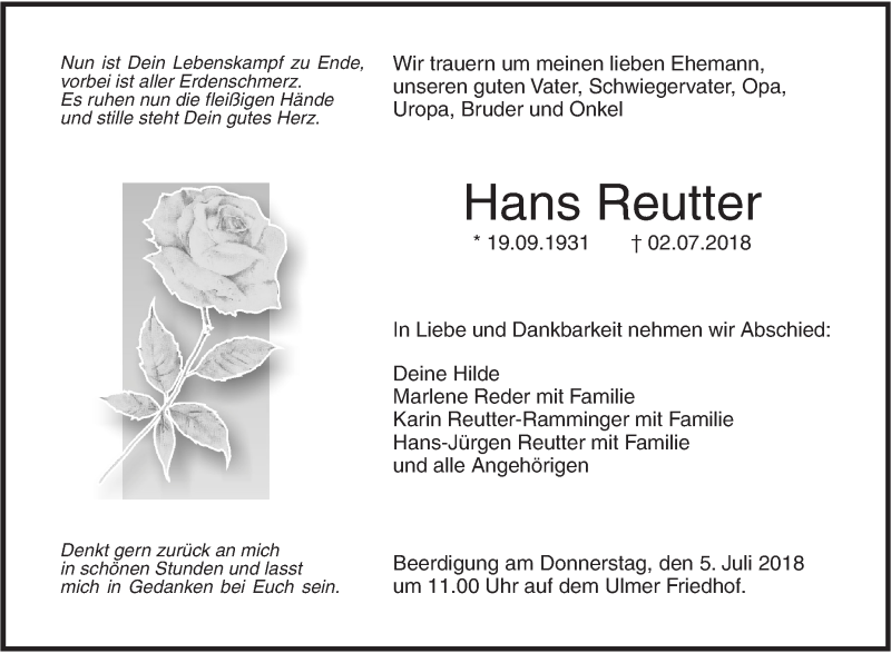  Traueranzeige für Hans Reutter vom 03.07.2018 aus SÜDWEST PRESSE Ausgabe Ulm/Neu-Ulm