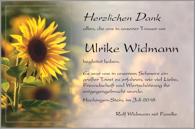  Traueranzeige für Ulrike Widmann vom 28.07.2018 aus Hohenzollerische Zeitung