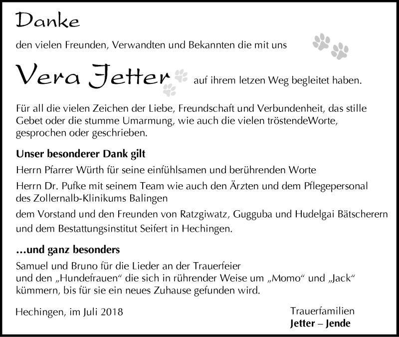  Traueranzeige für Vera Jetter vom 07.07.2018 aus Hohenzollerische Zeitung