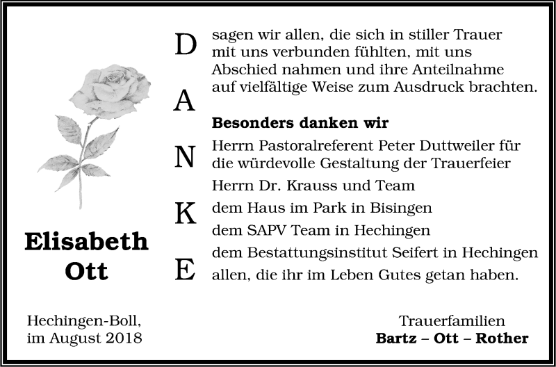  Traueranzeige für Elisabeth Ott vom 09.08.2018 aus Hohenzollerische Zeitung
