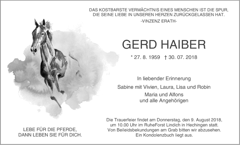  Traueranzeige für Gerd Haiber vom 04.08.2018 aus Hohenzollerische Zeitung