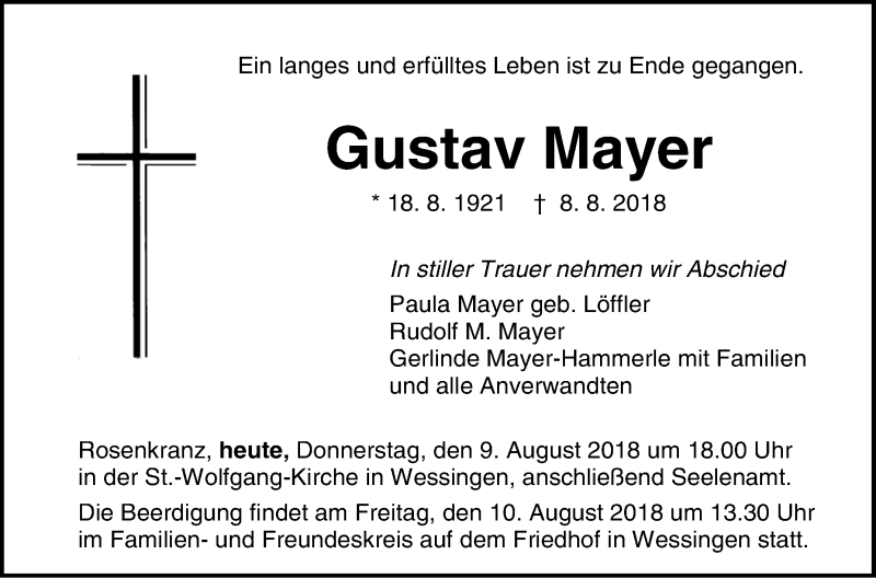  Traueranzeige für Gustav Mayer vom 09.08.2018 aus Hohenzollerische Zeitung