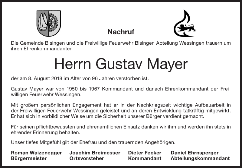  Traueranzeige für Gustav Mayer vom 15.08.2018 aus Hohenzollerische Zeitung