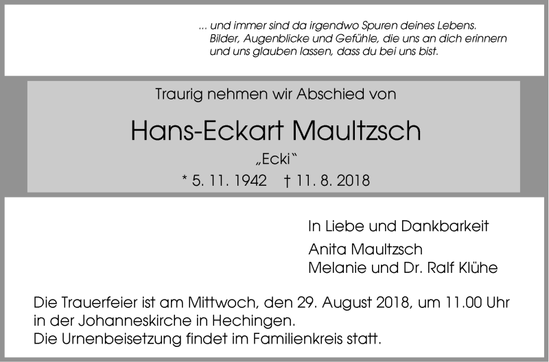  Traueranzeige für Hans-Eckart Maultzsch vom 25.08.2018 aus Hohenzollerische Zeitung