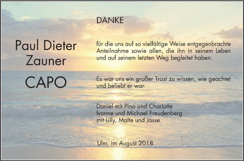  Traueranzeige für Paul Dieter Zauner vom 18.08.2018 aus SÜDWEST PRESSE Ausgabe Ulm/Neu-Ulm
