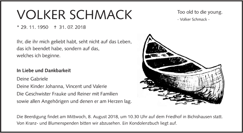 Traueranzeige für Volker Schmack vom 04.08.2018 aus Alb-Bote/Metzinger-Uracher Volksblatt