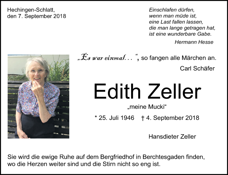  Traueranzeige für Edith Zeller vom 07.09.2018 aus Hohenzollerische Zeitung