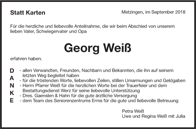  Traueranzeige für Georg Weiß vom 22.09.2018 aus Metzinger-Uracher Volksblatt