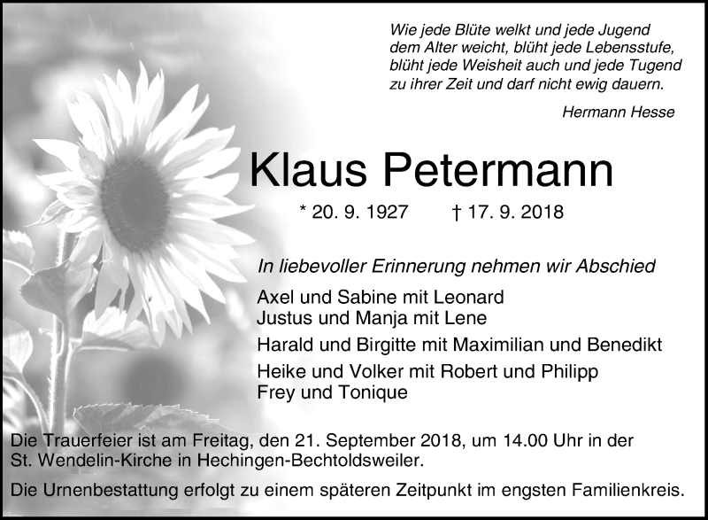  Traueranzeige für Klaus Petermann vom 19.09.2018 aus Hohenzollerische Zeitung