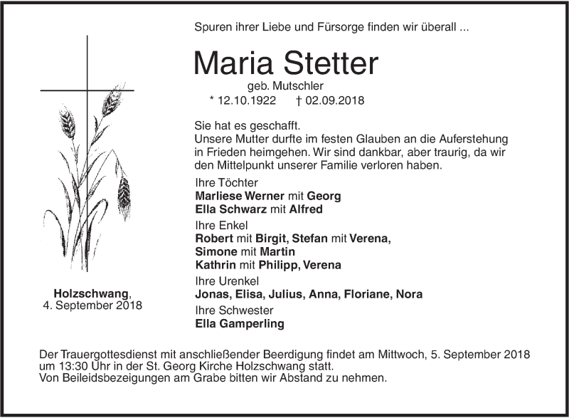  Traueranzeige für Maria Stetter vom 04.09.2018 aus SÜDWEST PRESSE Ausgabe Ulm/Neu-Ulm