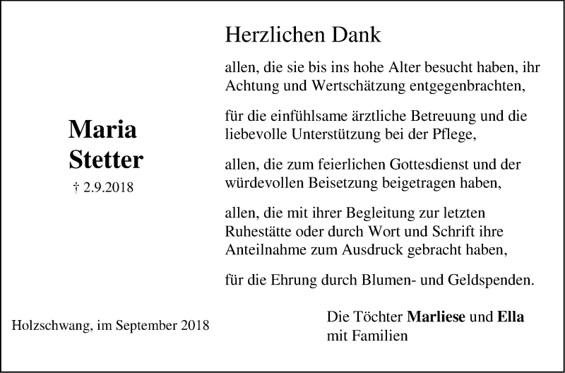 Traueranzeige für Maria Stetter vom 21.09.2018 aus SÜDWEST PRESSE Ausgabe Ulm/Neu-Ulm