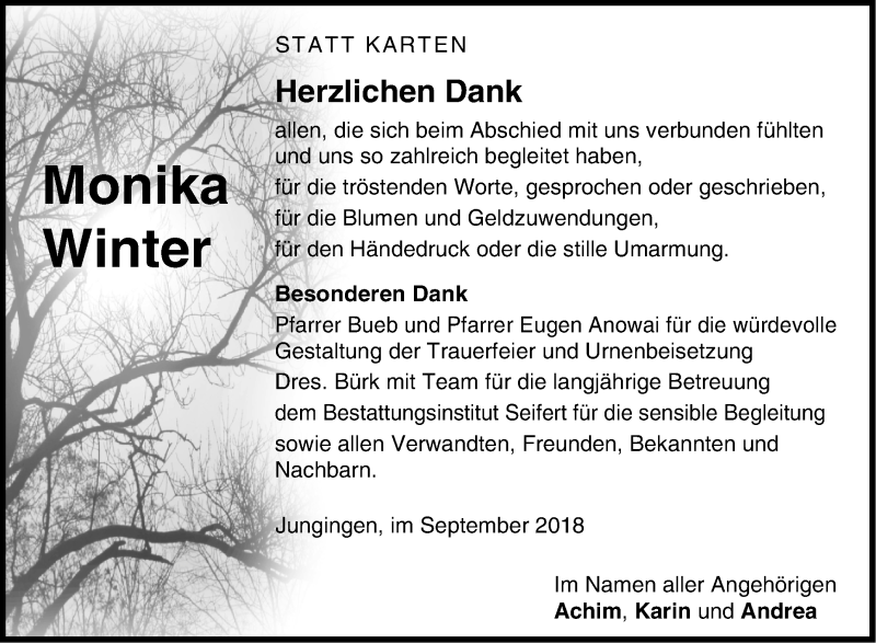  Traueranzeige für Monika Winter vom 08.09.2018 aus Hohenzollerische Zeitung