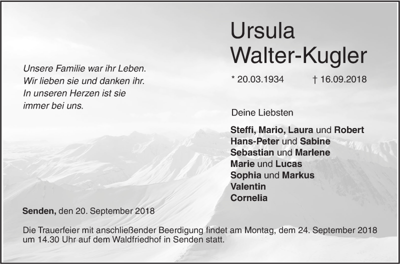  Traueranzeige für Ursula Walter-Kugler vom 20.09.2018 aus SÜDWEST PRESSE Ausgabe Ulm/Neu-Ulm