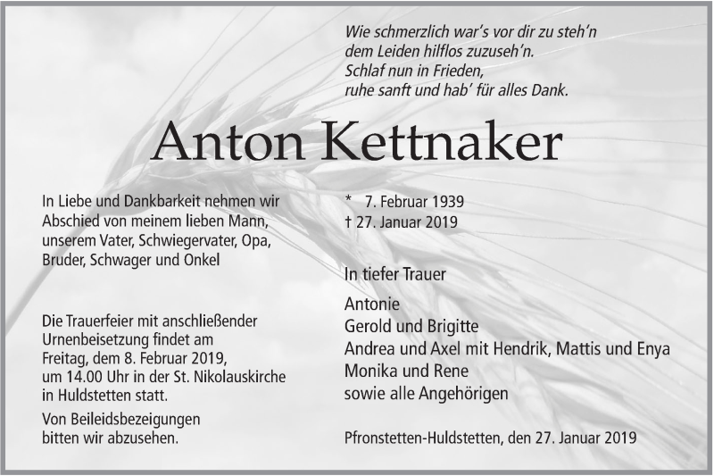  Traueranzeige für Anton Kettnaker vom 04.02.2019 aus Alb-Bote/Metzinger-Uracher Volksblatt