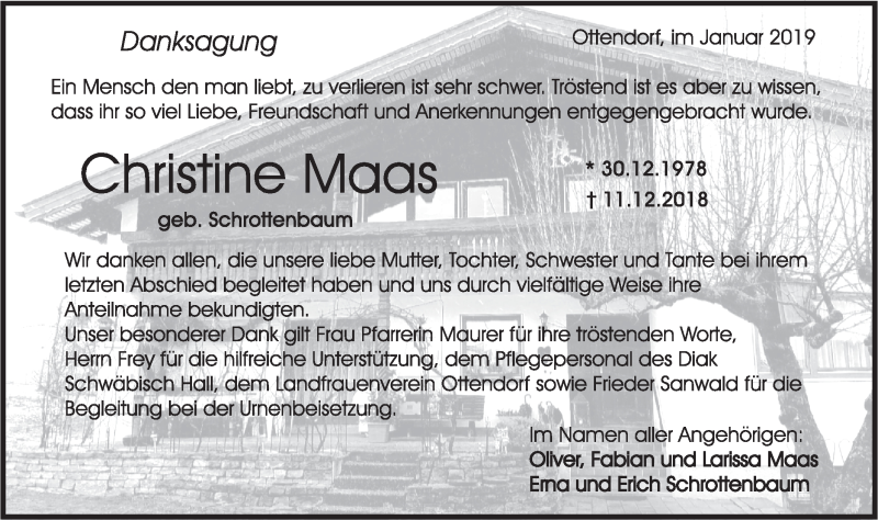  Traueranzeige für Christine Maas vom 26.01.2019 aus Rundschau Gaildorf