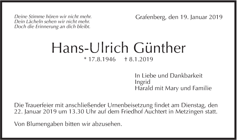  Traueranzeige für Hans-Ulrich Günther vom 19.01.2019 aus Metzinger-Uracher Volksblatt