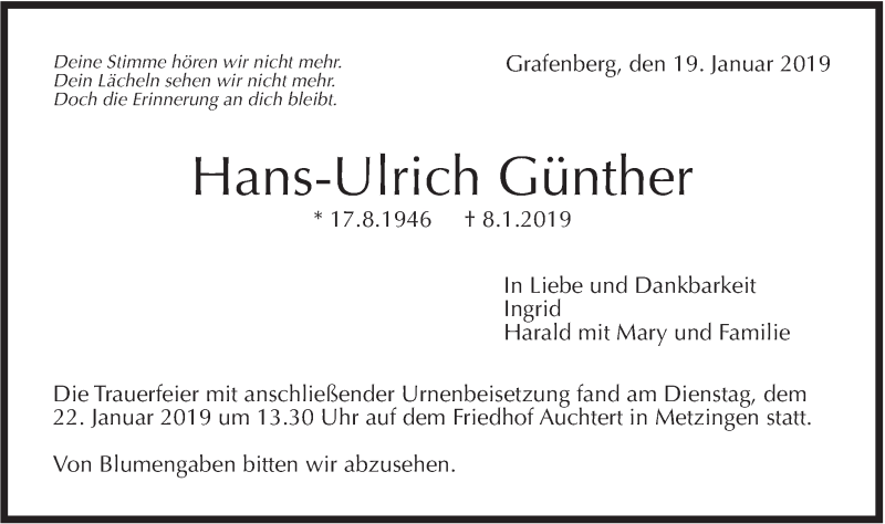  Traueranzeige für Hans-Ulrich Günther vom 24.01.2019 aus Metzinger-Uracher Volksblatt