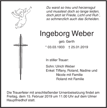 Traueranzeige von Ingeborg Weber von SÜDWEST PRESSE Ausgabe Ulm/Neu-Ulm