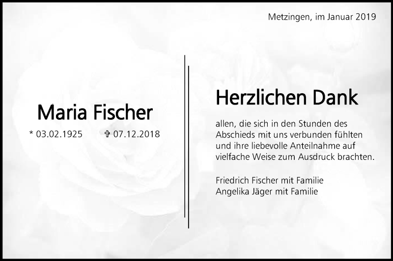  Traueranzeige für Maria Fischer vom 19.01.2019 aus Metzinger-Uracher Volksblatt