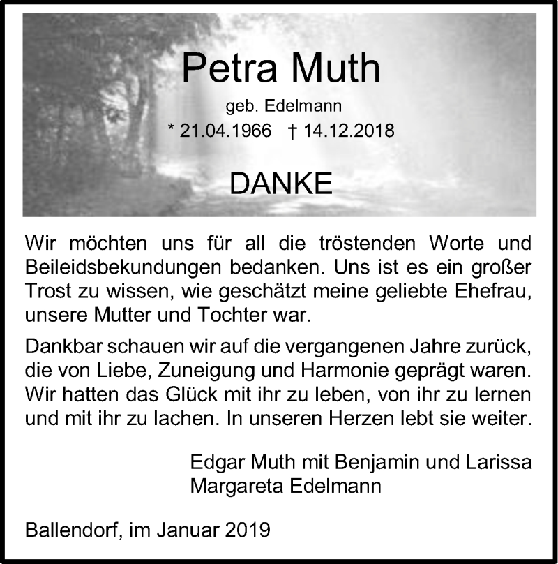  Traueranzeige für Petra Muth vom 10.01.2019 aus SÜDWEST PRESSE Ausgabe Ulm/Neu-Ulm