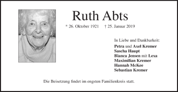 Traueranzeige von Ruth Abts von Geislinger Zeitung