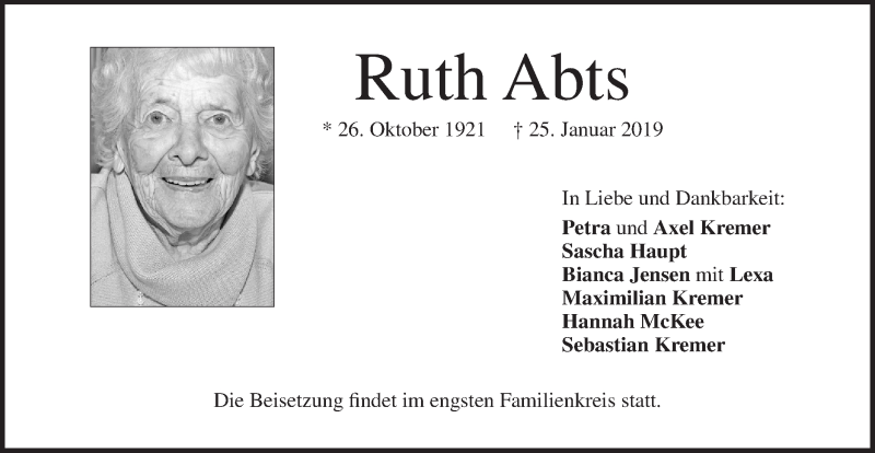  Traueranzeige für Ruth Abts vom 02.02.2019 aus Geislinger Zeitung